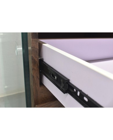 Mesa SEBAS, baja, cristal curvado, dos cajones, 50 x 43 cms