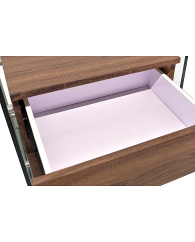 Mesa SEBAS, baja, cristal curvado, dos cajones, 50 x 43 cms