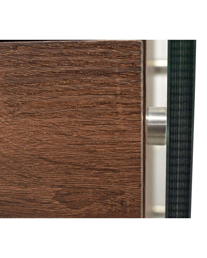 Mesa SEBAS, baja, cristal curvado, dos cajones, 50 x 43 cms