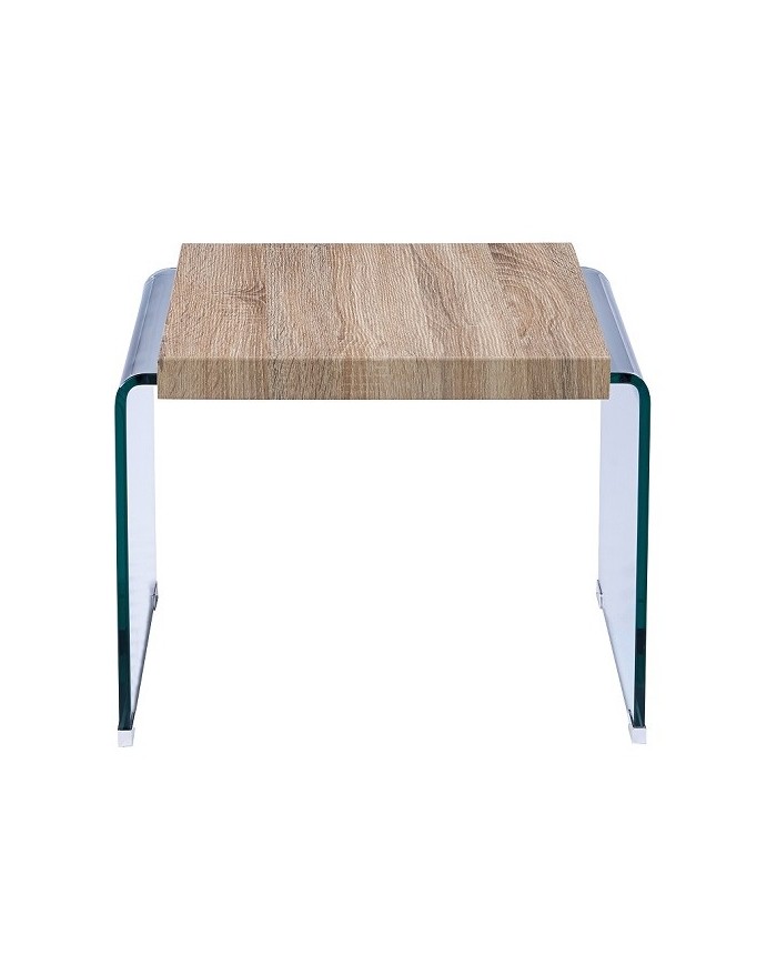 Mesa OSIRIS, baja, madera, cristal curvado, 55x55 cms