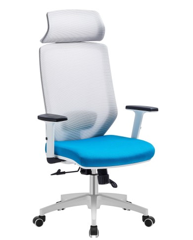Sillón de oficina CLAYTON, blanco, malla gris, tejido azul claro