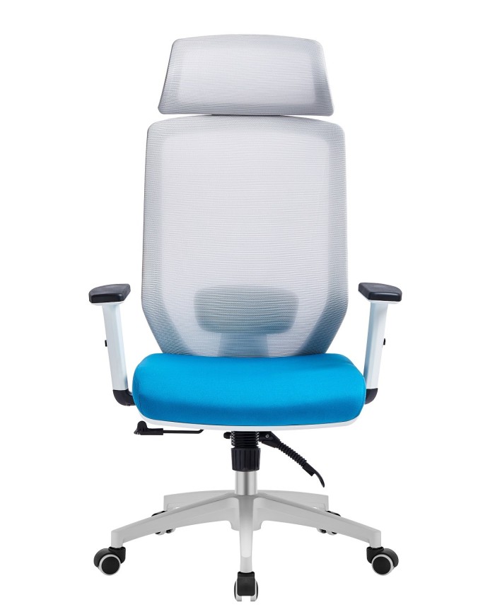 Sillón de oficina CLAYTON, blanco, malla gris, tejido azul claro