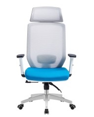 Sillón de oficina CLAYTON, blanco, malla gris, tejido azul claro