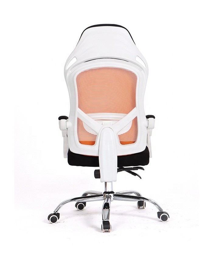 Sillón de oficina LINZ, blanco, alto, sincro, malla naranja, tejido negro