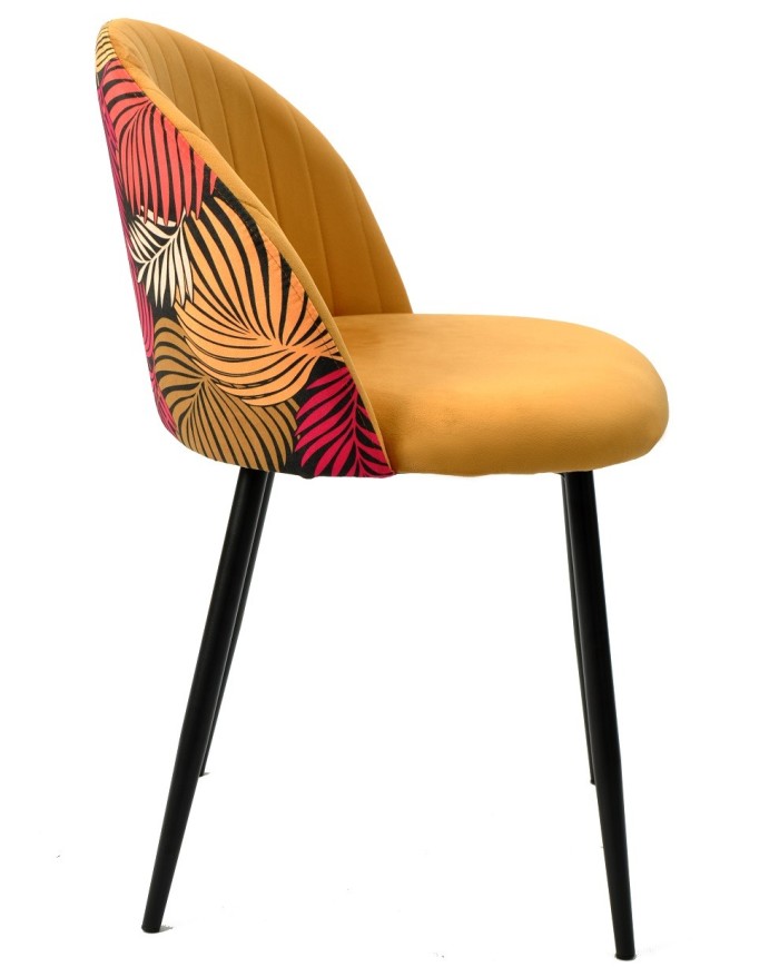 Silla FLORAL, metal, tapizado velvet amarillo con trasera floral a juego