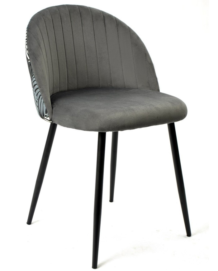 Silla FLORAL, metal, tapizado velvet gris con trasera floral a juego