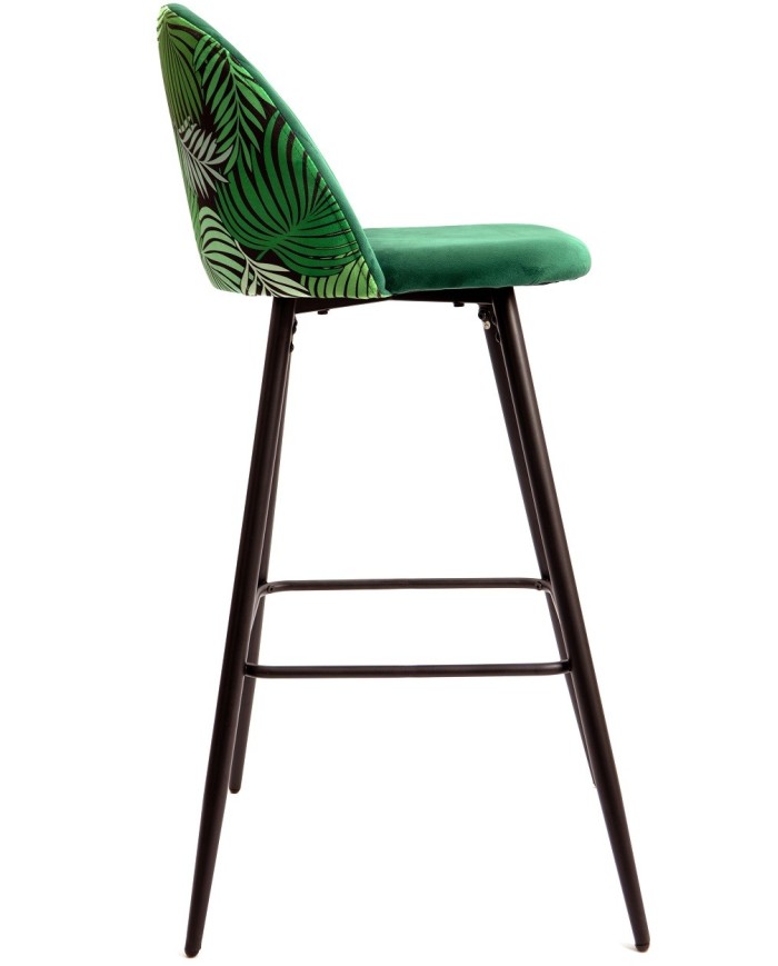 Taburete FLORAL, metal, tapizado velvet verde con trasera floral a juego