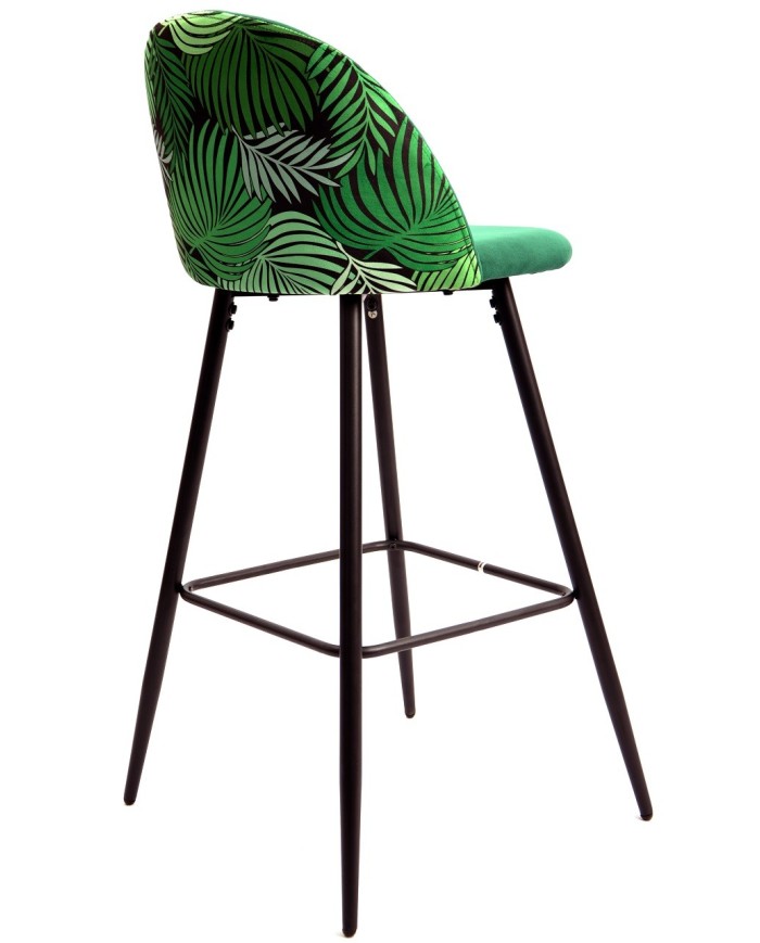 Taburete FLORAL, metal, tapizado velvet verde con trasera floral a juego
