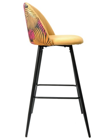 Taburete FLORAL, metal, tapizado velvet amarillo con trasera floral a juego