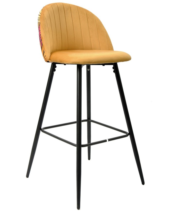 Taburete FLORAL, metal, tapizado velvet amarillo con trasera floral a juego