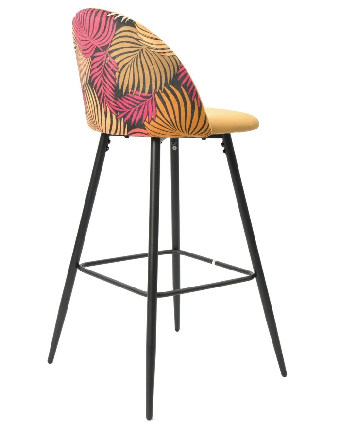 Taburete FLORAL, metal, tapizado velvet amarillo con trasera floral a juego