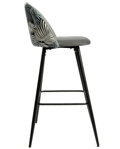 Taburete FLORAL, metal, tapizado velvet gris con trasera floral a juego