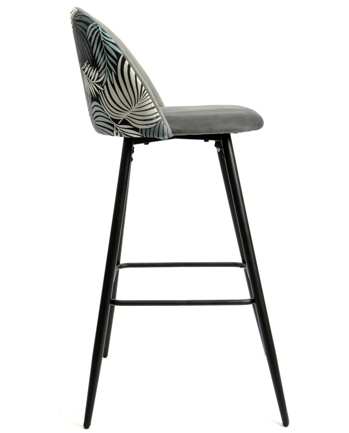 Taburete FLORAL, metal, tapizado velvet gris con trasera floral a juego