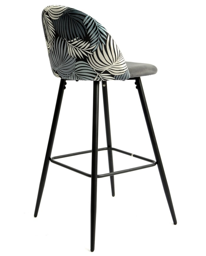 Taburete FLORAL, metal, tapizado velvet gris con trasera floral a juego
