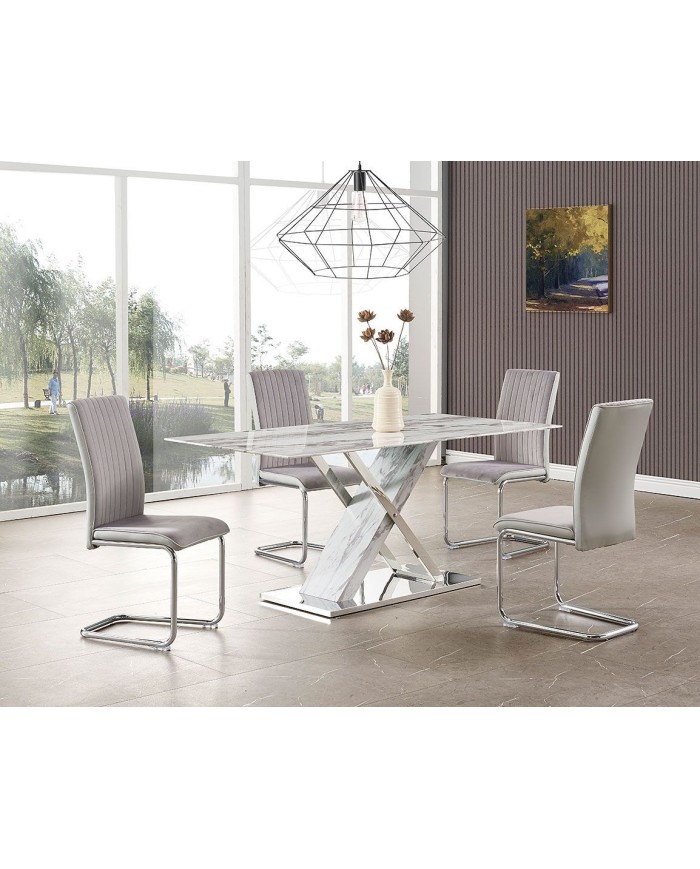 Mesa SIGRID, acero inoxidable, DM, tapa de cristal templado, 180 x 90 cms