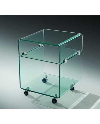 Mesa ARMSTRONG, baja, ruedas, cristal curvado, 40 x 40 cms