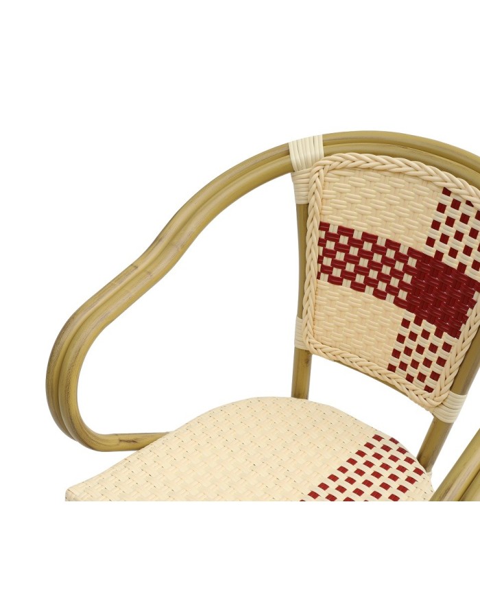 Sillón GARNIER, apilable, aluminio, ratán beige y rojo