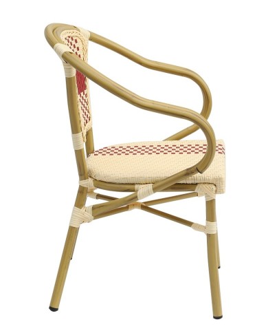 Sillón GARNIER, apilable, aluminio, ratán beige y rojo