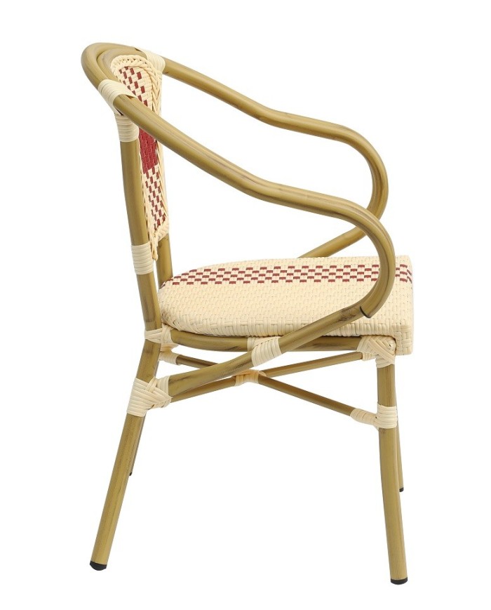 Sillón GARNIER, apilable, aluminio, ratán beige y rojo