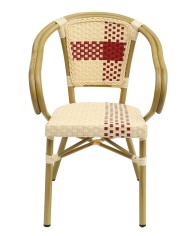 Sillón GARNIER, apilable, aluminio, ratán beige y rojo