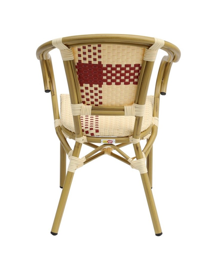 Sillón GARNIER, apilable, aluminio, ratán beige y rojo