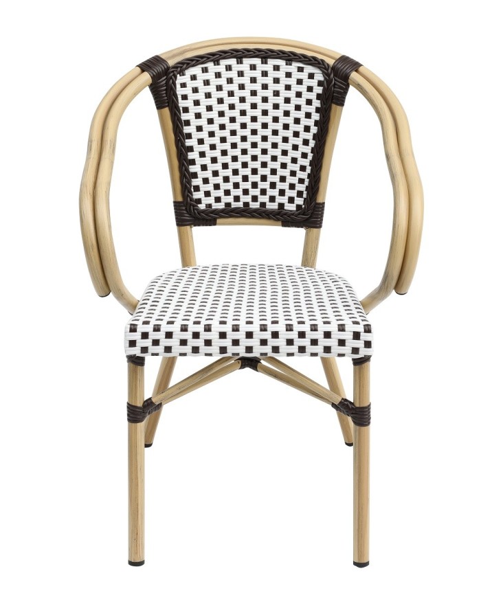 Sillón PARIS, apilable, aluminio, ratán blanco y marrón