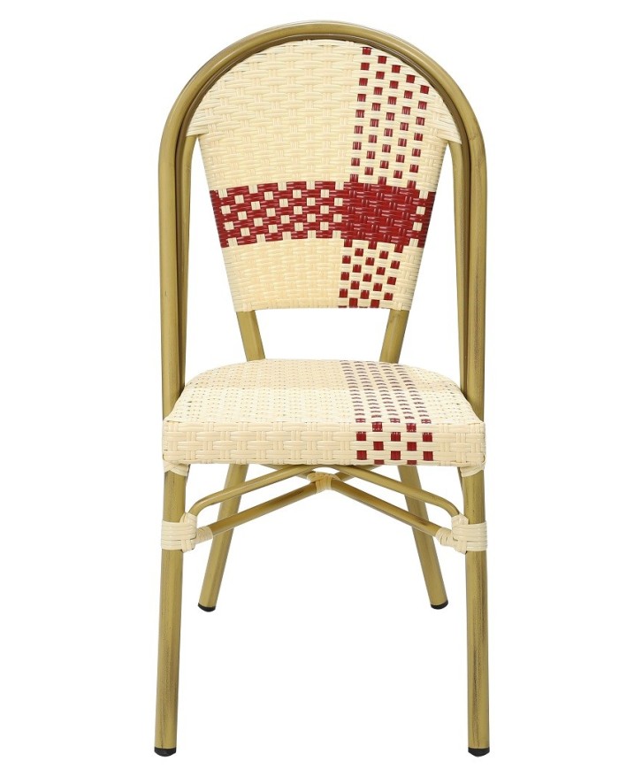 Silla GARNIER, apilable, aluminio, ratán beige y rojo