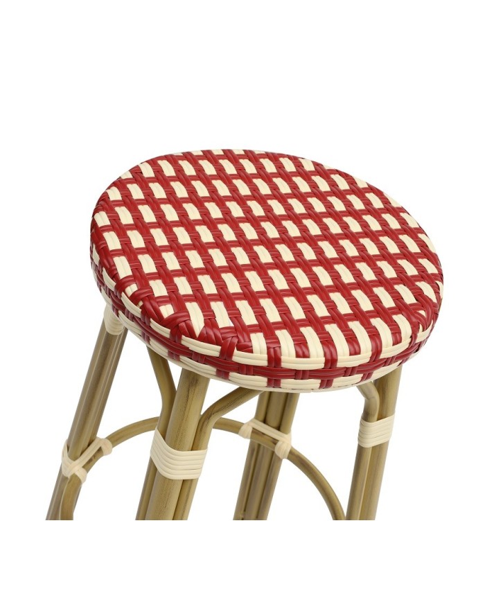 Taburete GARNIER, apilable, aluminio, ratán beige y rojo