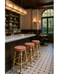 Taburete GARNIER, apilable, aluminio, ratán beige y rojo