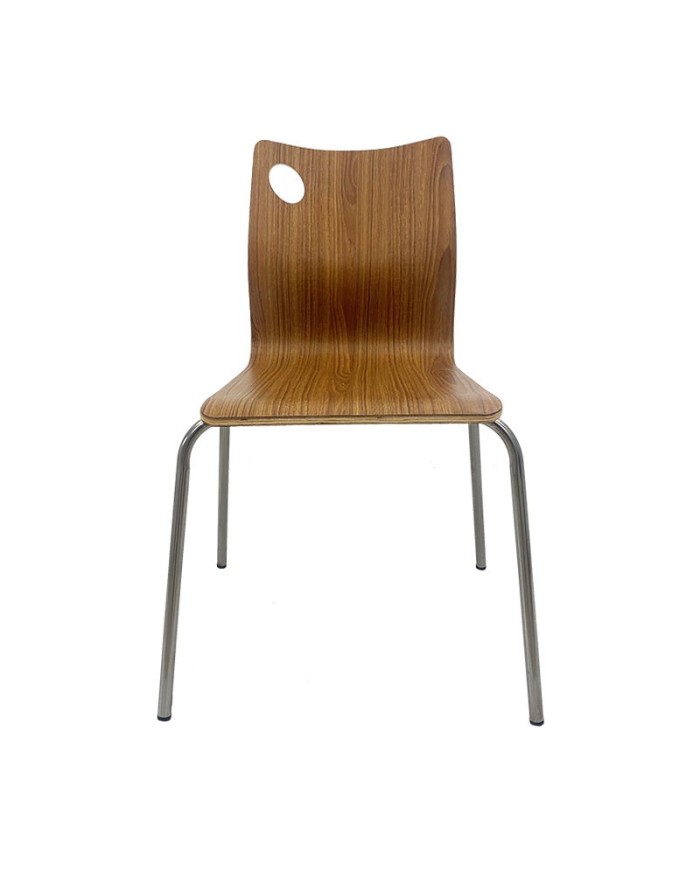Silla AMELIE, apilable, acero inoxidable, asiento laminado HPL, color nogal