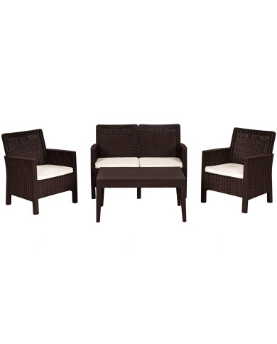 Set ADRIÁTICO, 2 Sillones + Sofá 2 plazas + mesa, polipropileno chocolate, cojines incluidos
