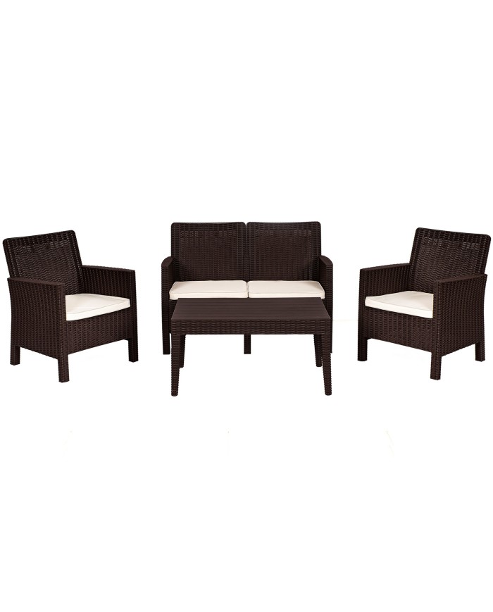 Set ADRIÁTICO, 2 Sillones + Sofá 2 plazas + mesa, polipropileno chocolate, cojines incluidos