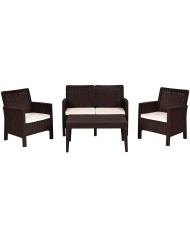Set ADRIÁTICO, 2 Sillones + Sofá 2 plazas + mesa, polipropileno chocolate, cojines incluidos