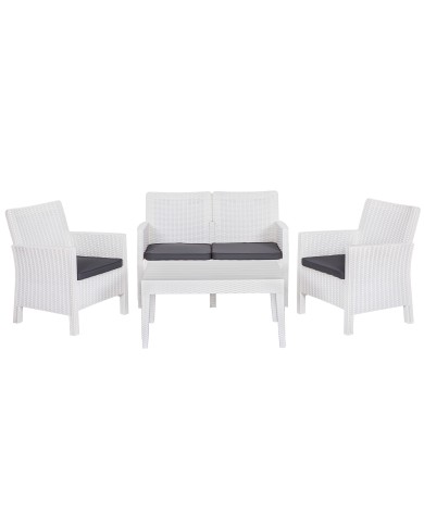 Set ADRIÁTICO, 2 Sillones + Sofá 2 plazas + mesa, polipropileno blanco, cojines incluidos