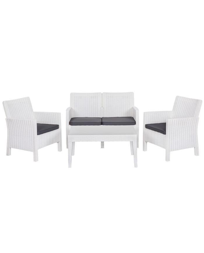 Set ADRIÁTICO, 2 Sillones + Sofá 2 plazas + mesa, polipropileno blanco, cojines incluidos
