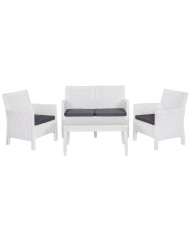 Set ADRIÁTICO, 2 Sillones + Sofá 2 plazas + mesa, polipropileno blanco, cojines incluidos