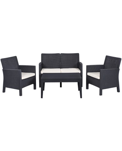 Set ADRIÁTICO, 2 Sillones + Sofá 2 plazas + mesa, polipropileno antracita, cojines incluidos