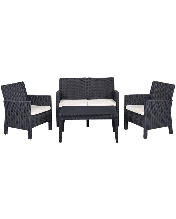 Set ADRIÁTICO, 2 Sillones + Sofá 2 plazas + mesa, polipropileno antracita, cojines incluidos