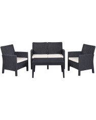 Set ADRIÁTICO, 2 Sillones + Sofá 2 plazas + mesa, polipropileno antracita, cojines incluidos