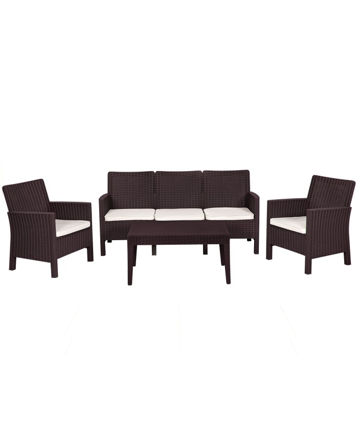 Set ADRIÁTICO, 2 Sillones + Sofá 3 plazas + mesa, polipropileno chocolate, cojines incluidos