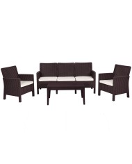 Set ADRIÁTICO, 2 Sillones + Sofá 3 plazas + mesa, polipropileno chocolate, cojines incluidos