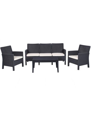 Set ADRIÁTICO, 2 Sillones + Sofá 3 plazas + mesa, polipropileno antracita, cojines incluidos