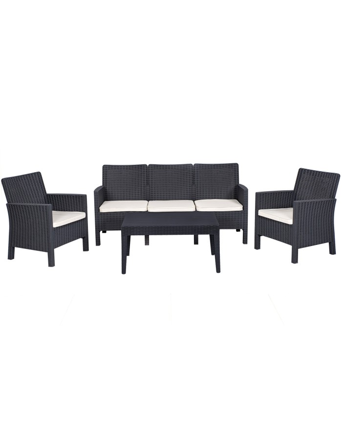 Set ADRIÁTICO, 2 Sillones + Sofá 3 plazas + mesa, polipropileno antracita, cojines incluidos