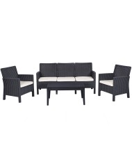 Set ADRIÁTICO, 2 Sillones + Sofá 3 plazas + mesa, polipropileno antracita, cojines incluidos