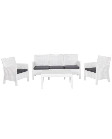 Set ADRIÁTICO, 2 Sillones + Sofá 3 plazas + mesa, polipropileno blanco, cojines incluidos