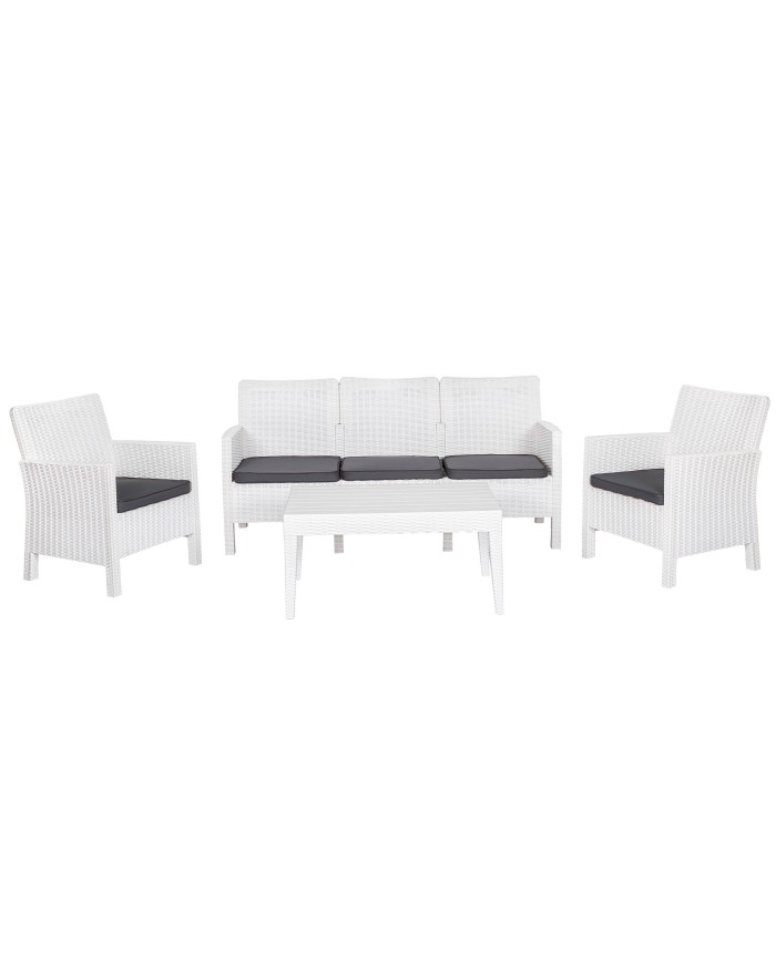 Set ADRIÁTICO, 2 Sillones + Sofá 3 plazas + mesa, polipropileno blanco, cojines incluidos
