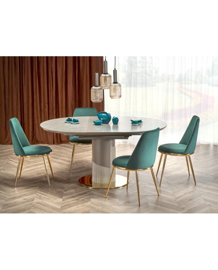 Silla TAVIRA, metal, cromado dorado, tapizado velvet verde oscuro