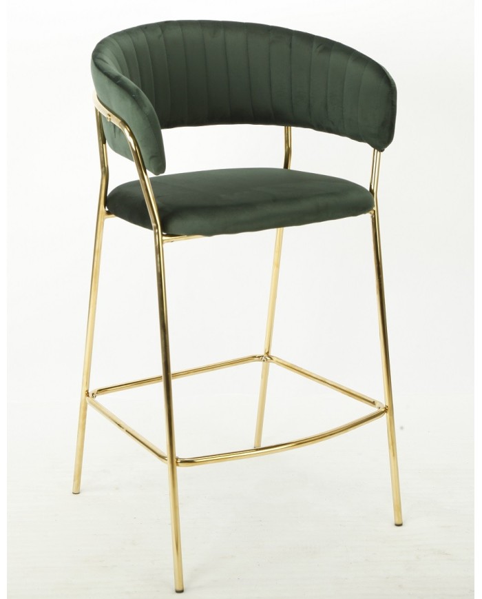 Taburete KEFREN, metal, cromado dorado, tapizado velvet verde oscuro