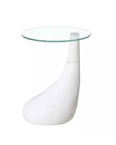 Mesa PEAR, baja, blanca, cristal, 50 cms de diámetro