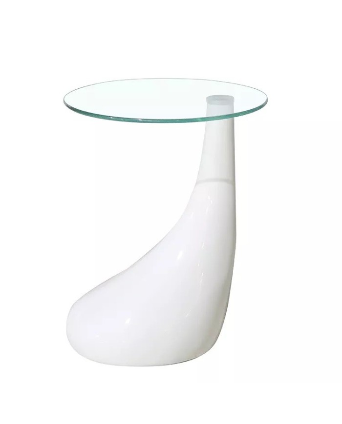 Mesa PEAR, baja, blanca, cristal, 50 cms de diámetro